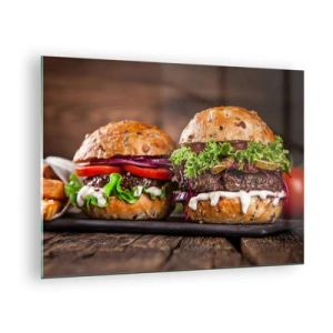 Quadro su vetro - Appetitosi hamburger con verdure e salsa - 70x50cm - American dream - Decorazione murale moderna per soggiorno e camera da letto ARTTOR