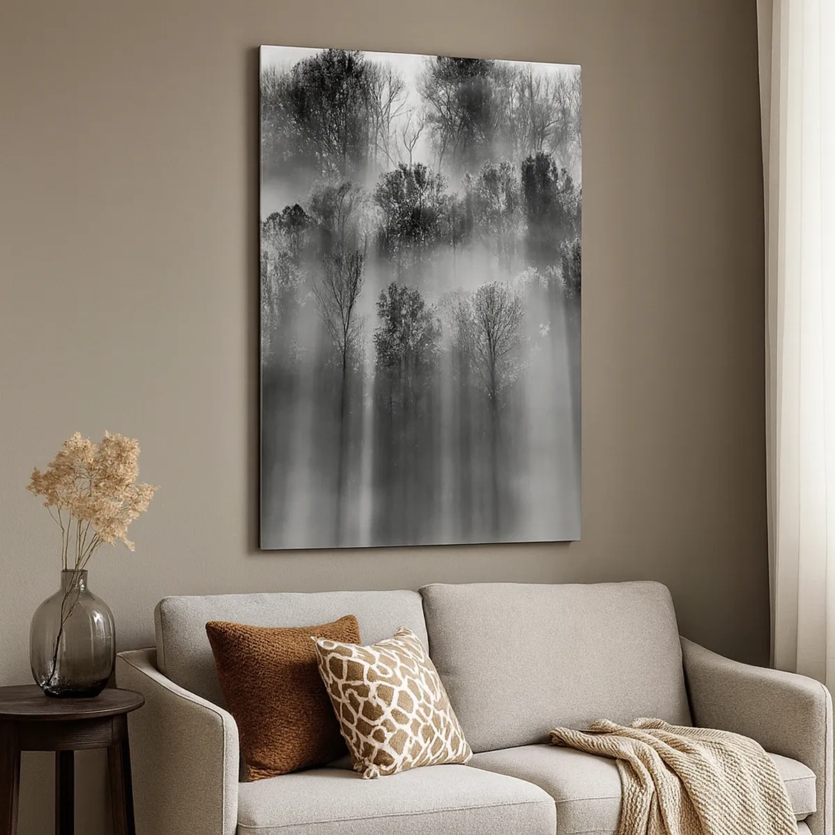 Quadro su tela - Stampe su Tela - Foresta in bianco e nero alla luce del mattino - 50x70cm - Nei getti di luce - Decorazione murale moderna per soggiorno e camera da letto ARTTOR