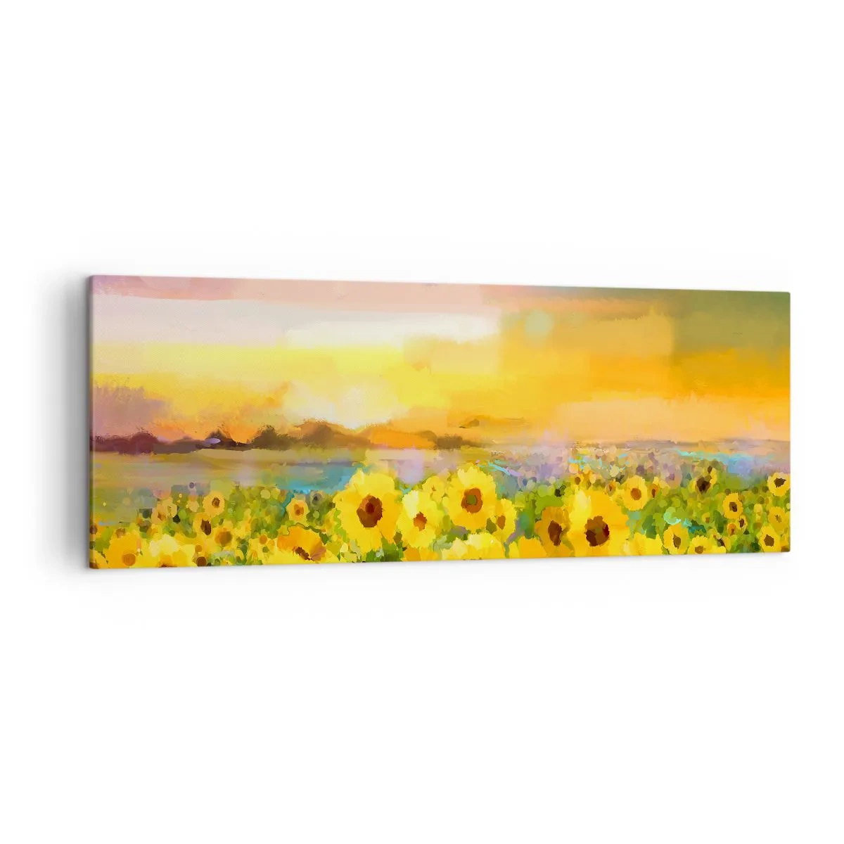 Quadro su tela - Stampe su Tela - Un campo di girasoli alla luce del sole al tramonto - 140x50cm - Il sole è sceso sulla terra - Decorazione murale moderna per soggiorno e camera da letto ARTTOR