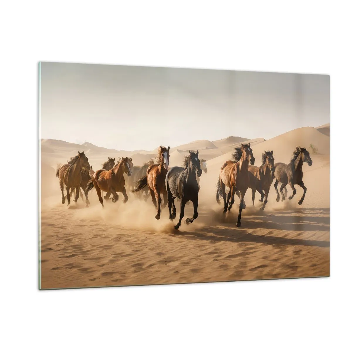 Quadro su vetro - Una mandria di cavalli al galoppo nel deserto tra le dune di sabbia - 120x80cm - Liberi come il vento - Decorazione murale moderna per soggiorno e camera da letto ARTTOR