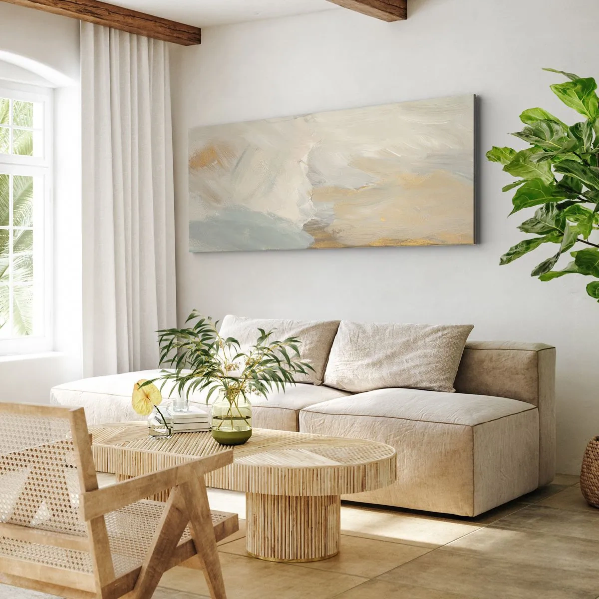 Quadro su tela - Stampe su Tela - Delicati tratti astratti nei toni del bianco e dell'oro - 140x50cm - Astrazione: il paese della mitezza - Decorazione murale moderna per soggiorno e camera da letto ARTTOR