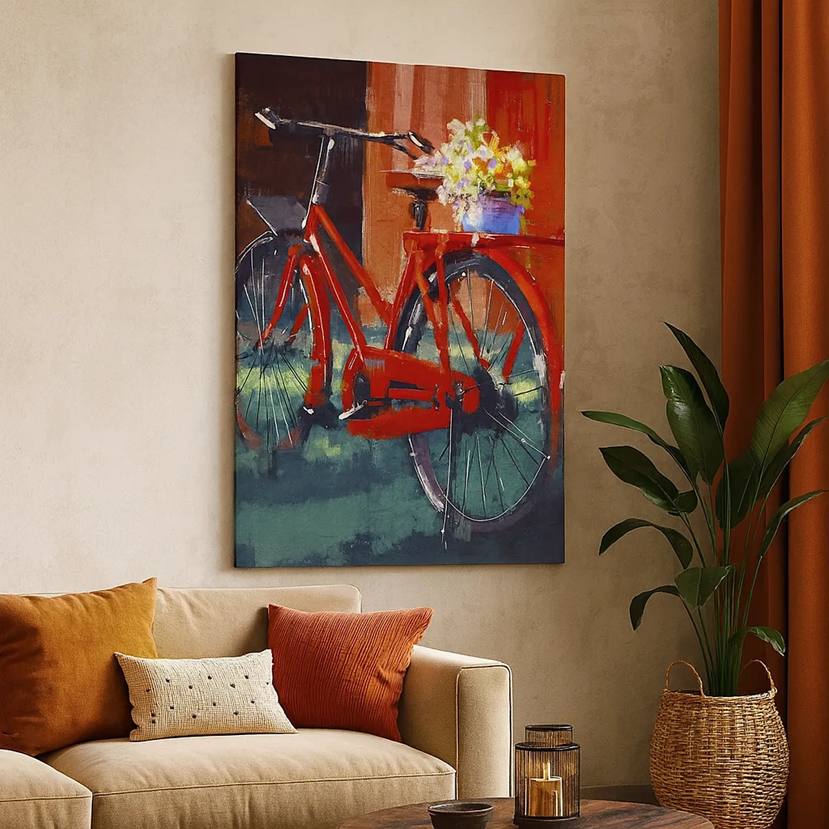 Quadro su tela - Stampe su Tela - Una bicicletta rossa con fiori contro un muro arancione - 50x70cm - I want to ride my bicycle - Decorazione murale moderna per soggiorno e camera da letto ARTTOR