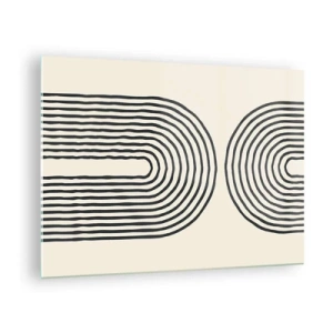Quadro su vetro - Un dipinto astratto in bianco e nero raffigurante linee ad arco. - 70x50cm - Tra un attimo... - Decorazione murale moderna per soggiorno e camera da letto ARTTOR