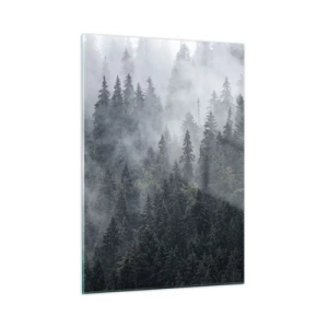 Quadro su vetro - Nebbia sospesa sulla fitta foresta di conifere al mattino - 50x70cm - Alba nel bosco - Decorazione murale moderna per soggiorno e camera da letto ARTTOR