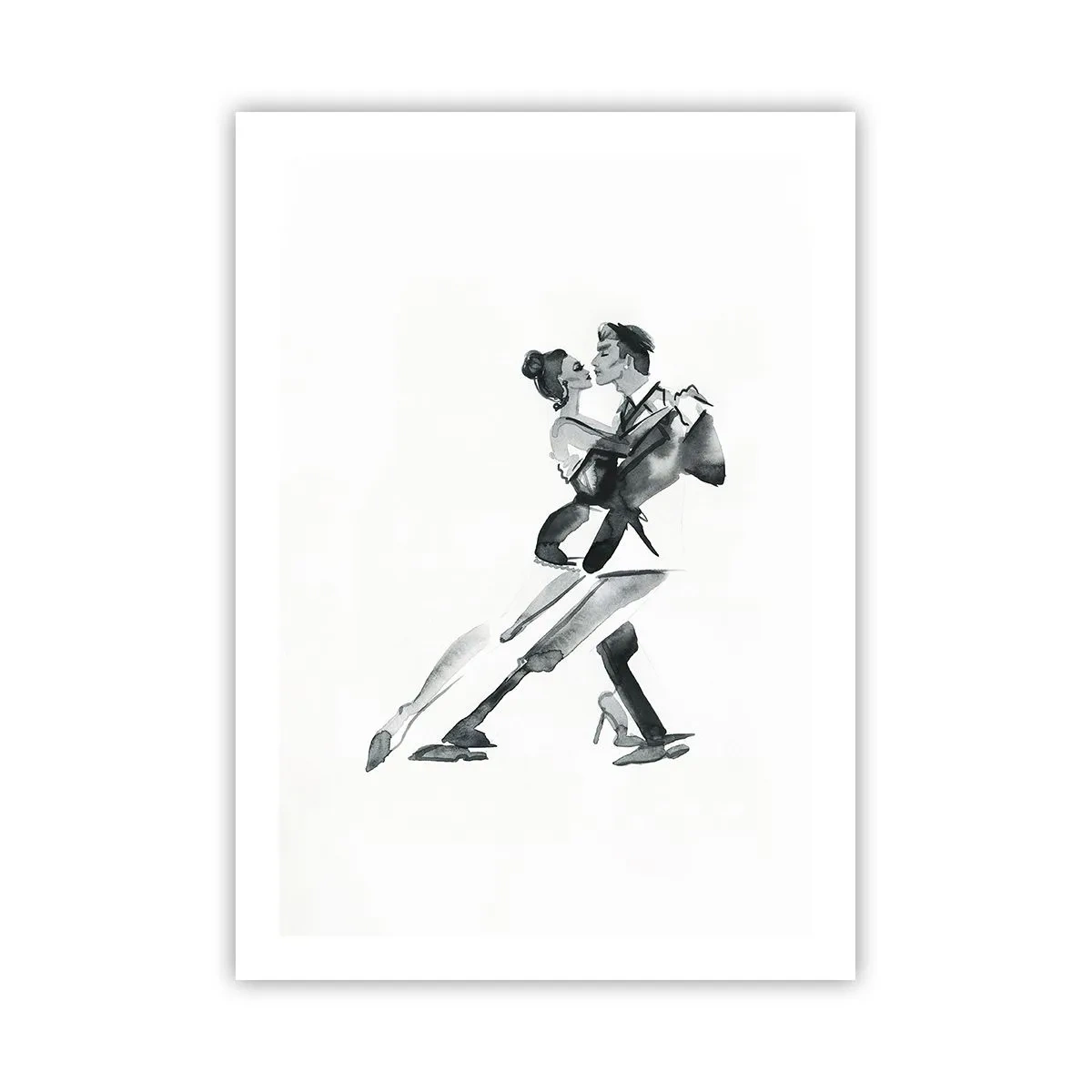 Poster - Dipinto ad acquerello in bianco e nero di una coppia che balla - 50x70cm - In un unico ritmo - Decorazione murale moderna per soggiorno e camera da letto ARTTOR