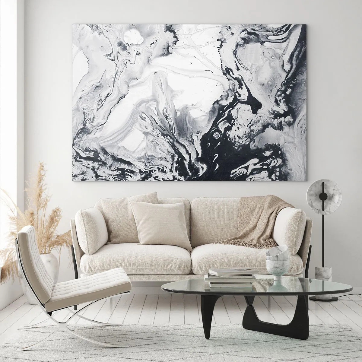 Quadro su vetro - Onde astratte monocromatiche nelle tonalità del bianco e del nero - 70x50cm - Il centro della terra - Decorazione murale moderna per soggiorno e camera da letto ARTTOR
