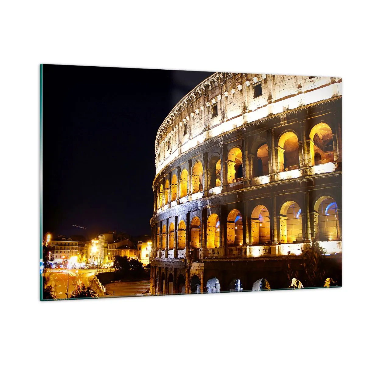 Quadro su vetro - Il Colosseo di notte con gli archi illuminati - 120x80cm - È tempo di iniziare i giochi - Decorazione murale moderna per soggiorno e camera da letto ARTTOR