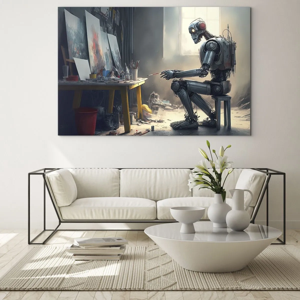 Quadro su vetro - Un robot che dipinge quadri in uno studio d'arte - 120x80cm - Atto creativo - Decorazione murale moderna per soggiorno e camera da letto ARTTOR