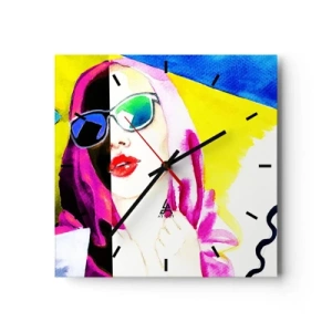 Orologio da parete - Orologio in Vetro - Ritratto colorato di una donna che indossa occhiali da sole - 30x30cm - Non sono bianca e non sono nera - Decorazione murale moderna per soggiorno e camera da letto ARTTOR