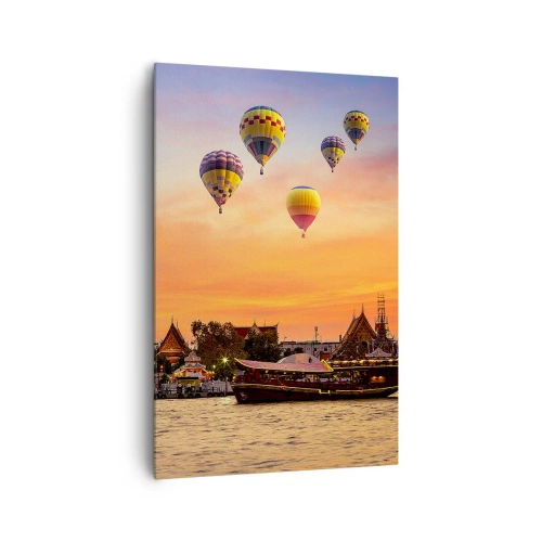 Quadro su tela - Stampe su Tela - Un tempio e palloncini sullo sfondo del sole al tramonto sul fiume - 80x120cm - Qui nascono le favole - Decorazione murale moderna per soggiorno e camera da letto ARTTOR