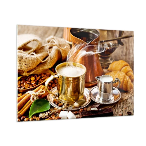 Quadro su vetro - Una tazza dorata di caffè con latte circondata da chicchi e croissant - 100x70cm - Buona giornata! - Decorazione murale moderna per soggiorno e camera da letto ARTTOR