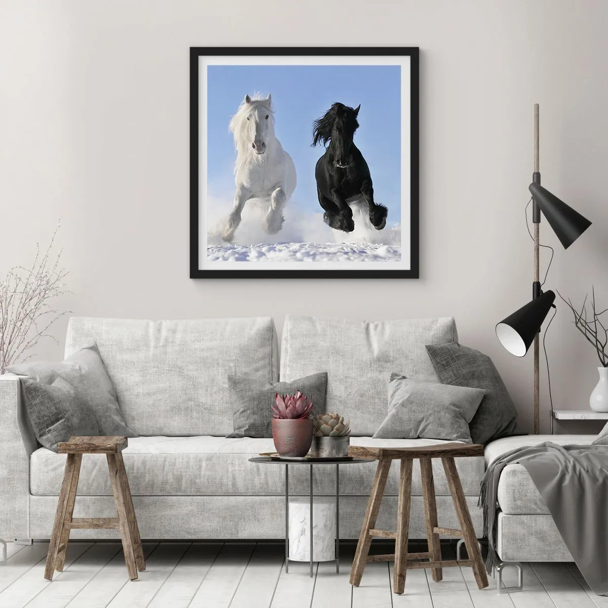 Poster in cornice nera - Galoppo in bianco e nero - 30x30 cm