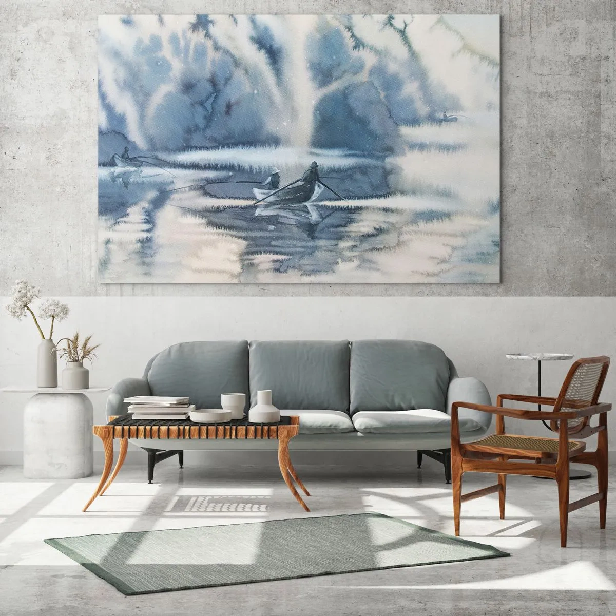 Quadro su vetro - Due pescatori su una barca circondati da un paesaggio nebbioso - 70x50cm - I pescatori nel loro paradiso - Decorazione murale moderna per soggiorno e camera da letto ARTTOR
