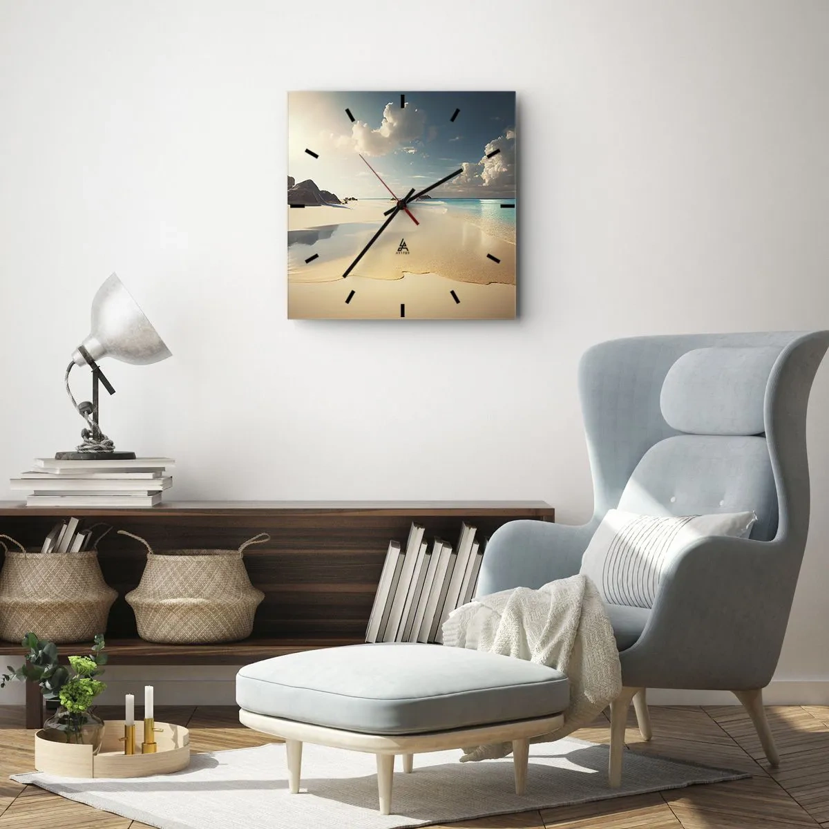 Orologio da parete - Orologio in Vetro - Una spiaggia soleggiata con mare azzurro e rocce - 30x30cm - Giornata ideale - Decorazione murale moderna per soggiorno e camera da letto ARTTOR