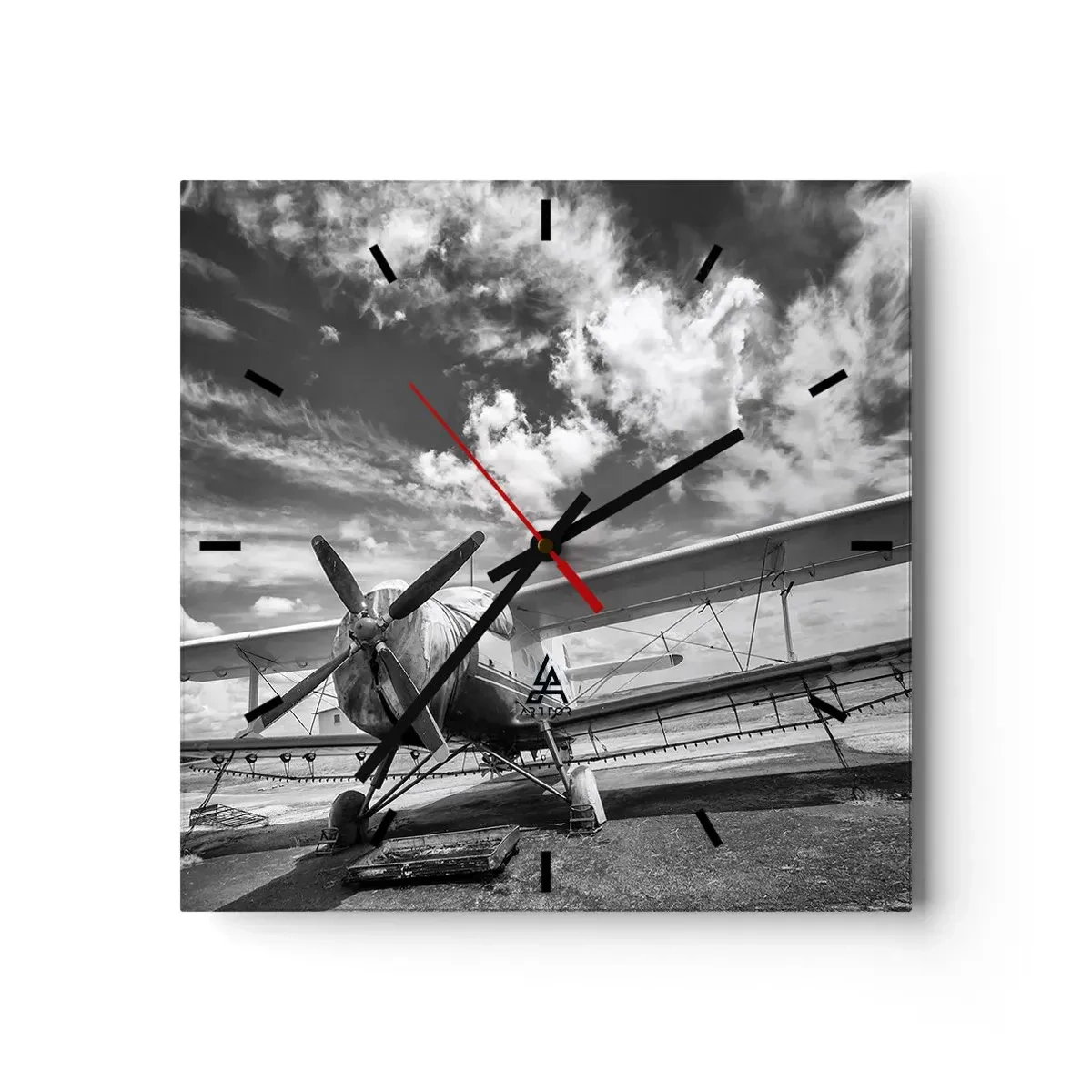 Orologio da parete - Orologio in Vetro - Un vecchio aereo all'aeroporto in bianco e nero - 30x30cm - Non vedo l'ora! - Decorazione murale moderna per soggiorno e camera da letto ARTTOR