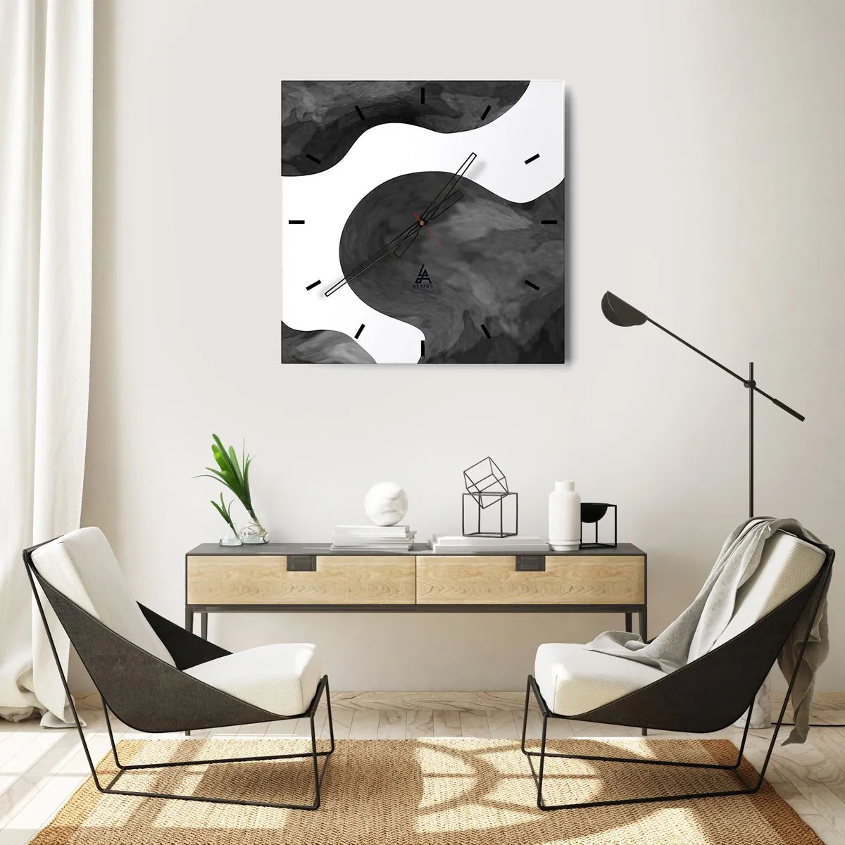 Orologio da parete - Orologio in Vetro - Motivo astratto nei toni del grigio e del bianco - 30x30cm - Via Lattea - Decorazione murale moderna per soggiorno e camera da letto ARTTOR