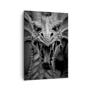 Quadro su tela - Stampe su Tela - Una minacciosa testa di drago in bianco e nero con dettagli espressivi. - 50x70cm - Drago favoloso in grigio - Decorazione murale moderna per soggiorno e camera da letto ARTTOR