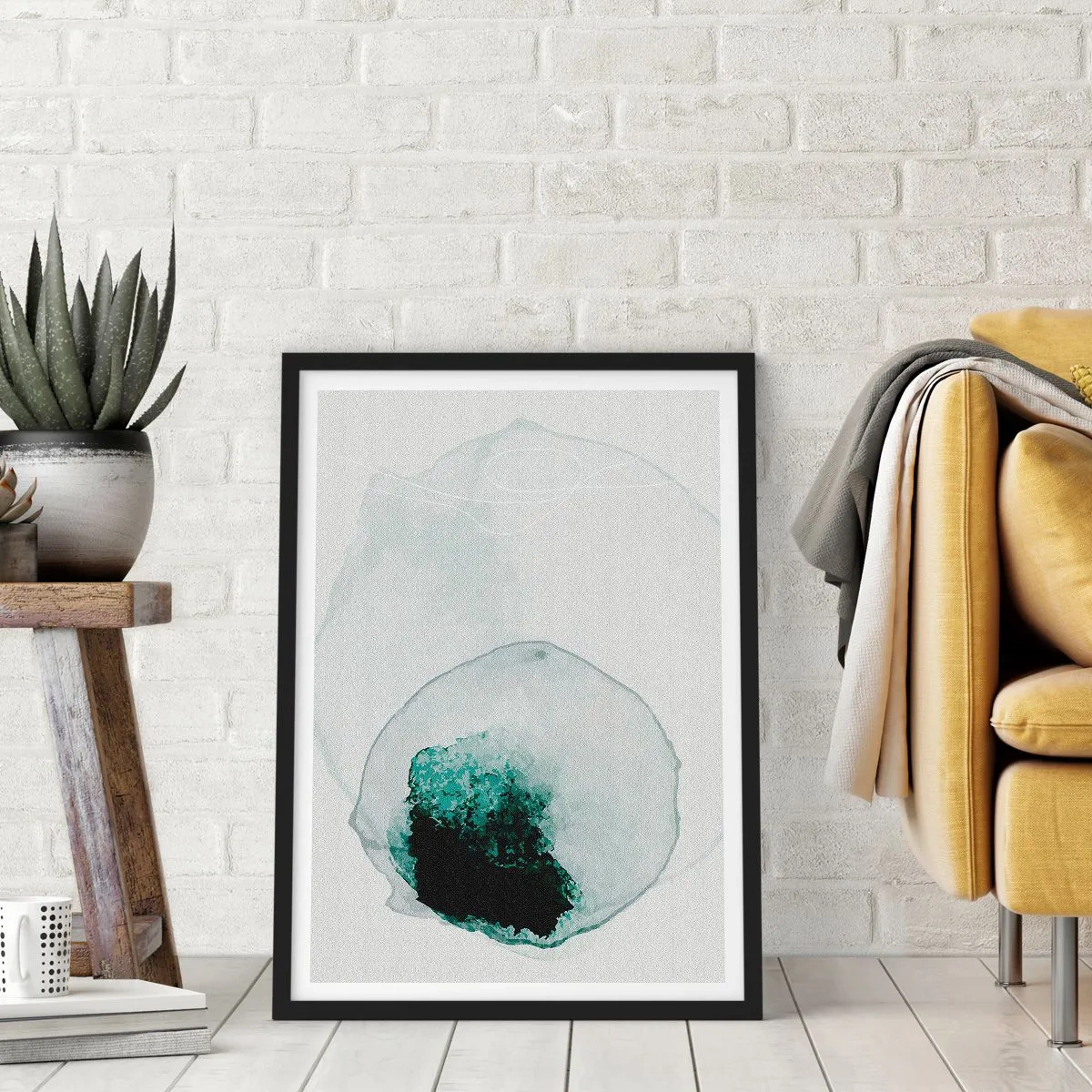 Poster in cornice nera - Forma organica astratta nelle tonalità del verde - 50x70cm - In una goccia d'acqua - Decorazione murale moderna per soggiorno e camera da letto ARTTOR