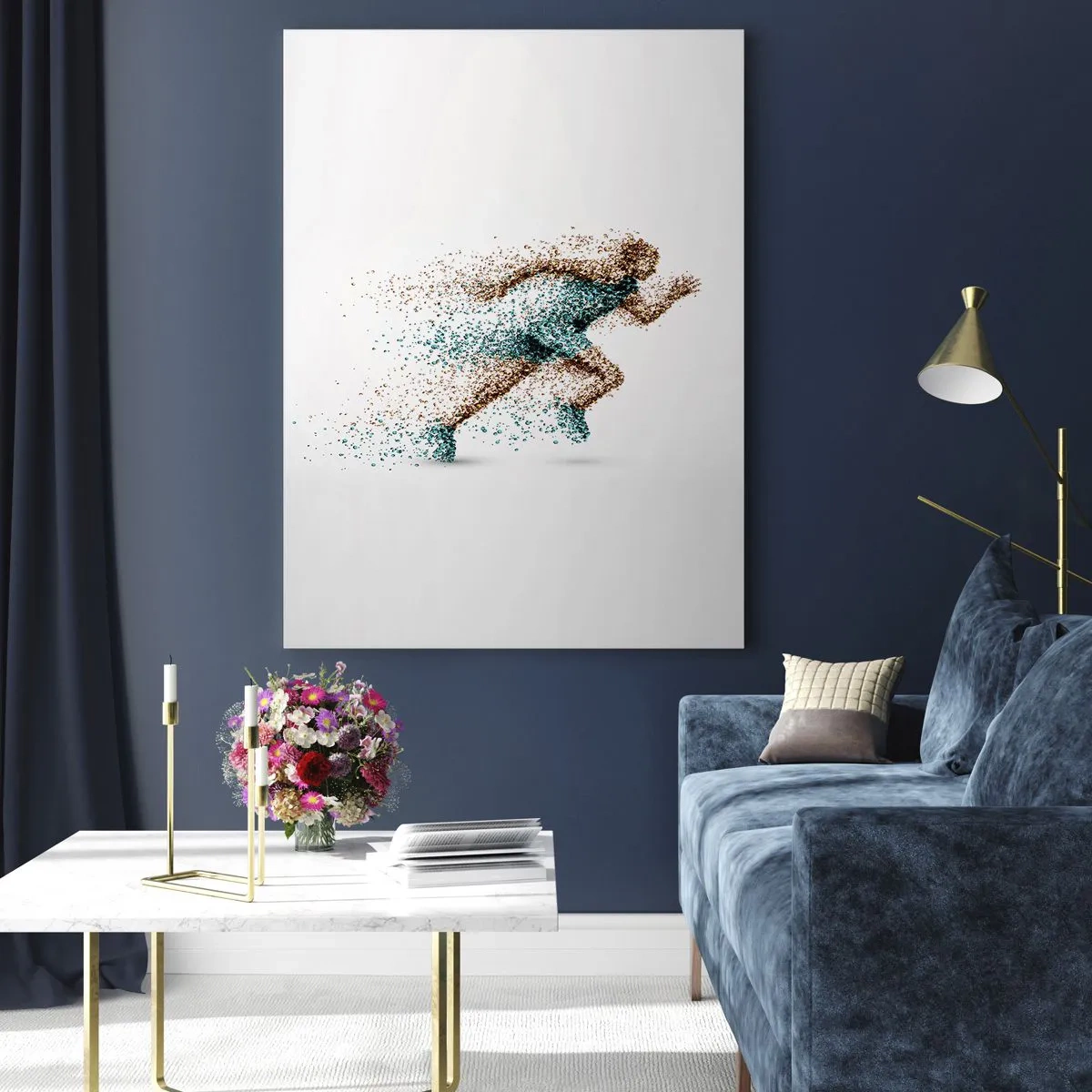 Quadro su vetro - Una figura dinamica di corridore composta da minuscole particelle - 70x100cm - La vita è una corsa - Decorazione murale moderna per soggiorno e camera da letto ARTTOR