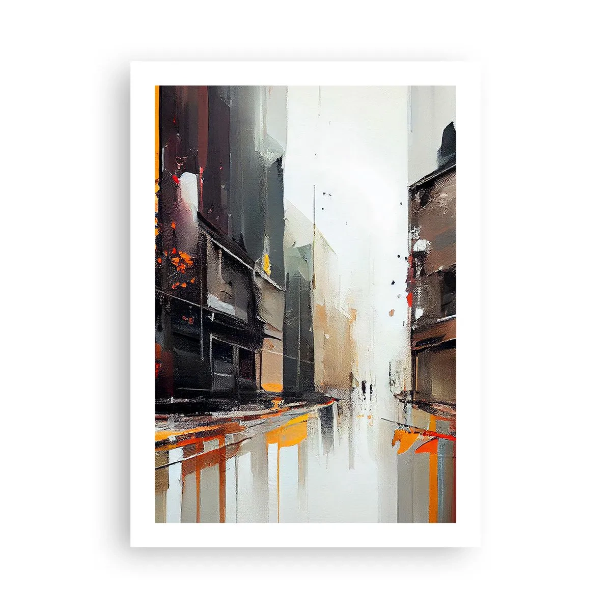 Poster - Panorama urbano astratto nei toni del grigio e dell'arancione - 50x70cm - Un giorno di pioggia - Decorazione murale moderna per soggiorno e camera da letto ARTTOR