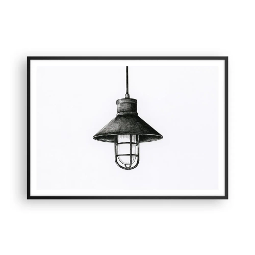 Poster in cornice nera - Disegno di una lampada a sospensione retrò su sfondo bianco - 100x70cm - Come tanti anni fa... - Decorazione murale moderna per soggiorno e camera da letto ARTTOR