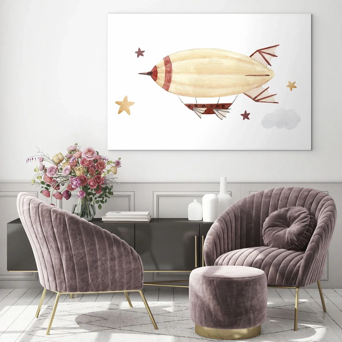 Quadro su vetro - Un dirigibile dei cartoni animati tra le stelle su uno sfondo bianco - 100x70cm - Nave volante - Decorazione murale moderna per soggiorno e camera da letto ARTTOR