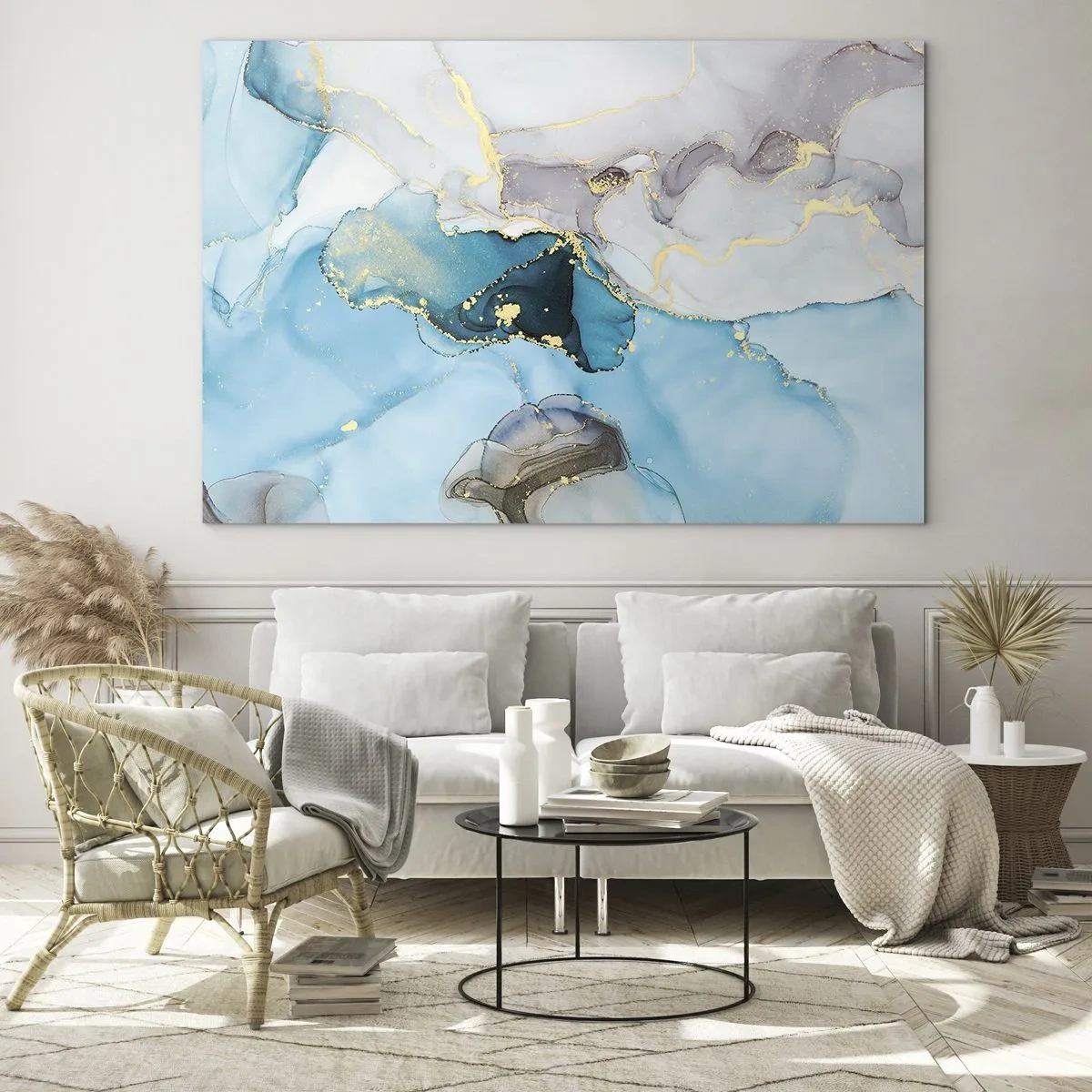 Quadro su vetro - Onde turchesi e grigie con accenti dorati - 100x70cm - Studio di incontro tra grigio e turchese - Decorazione murale moderna per soggiorno e camera da letto ARTTOR