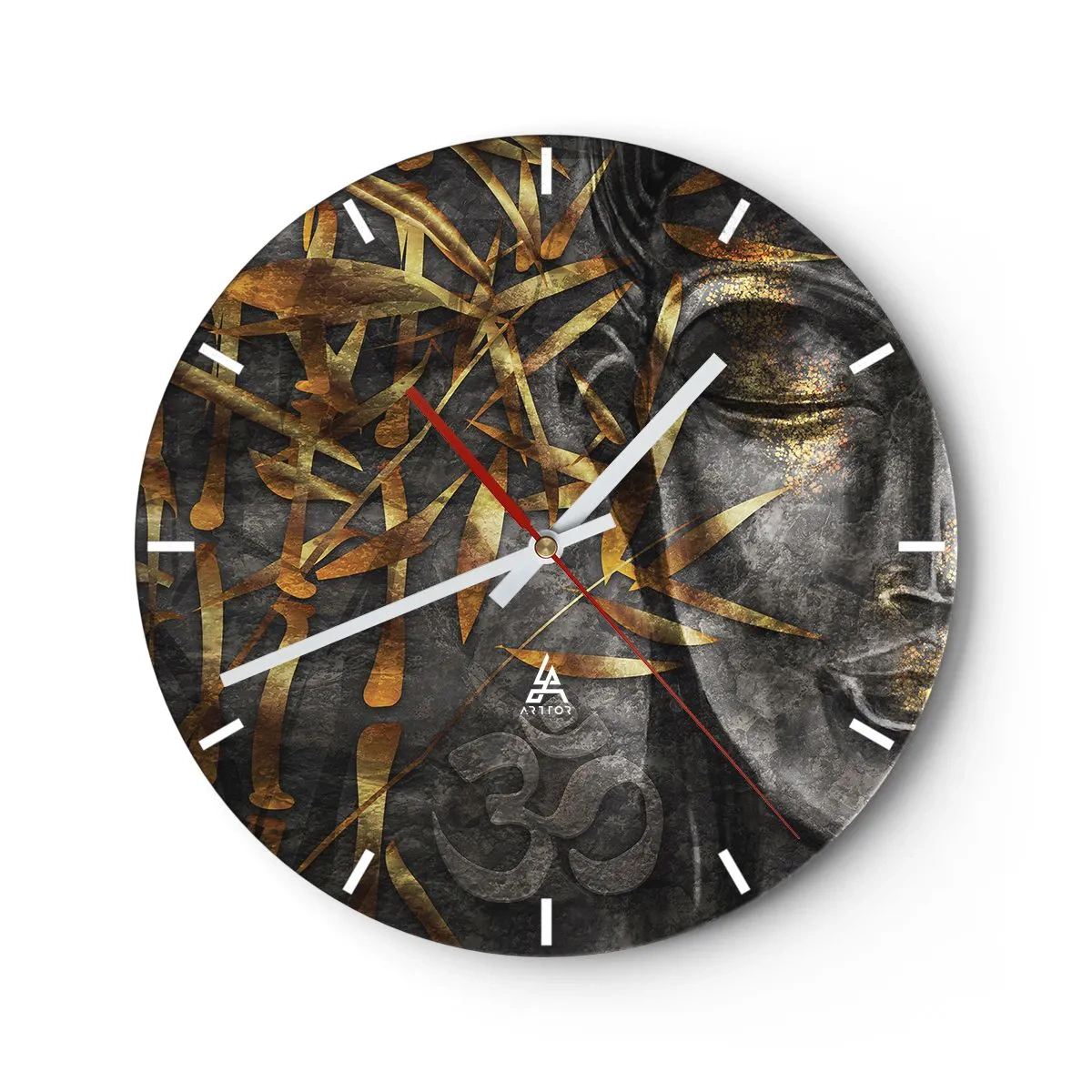 Orologio da parete - Orologio in Vetro - Immagine del Buddha dorato con motivo di bambù e simbolo Om - 30x30cm - Senti la pace - Decorazione murale moderna per soggiorno, cucina e camera da letto ARTTOR