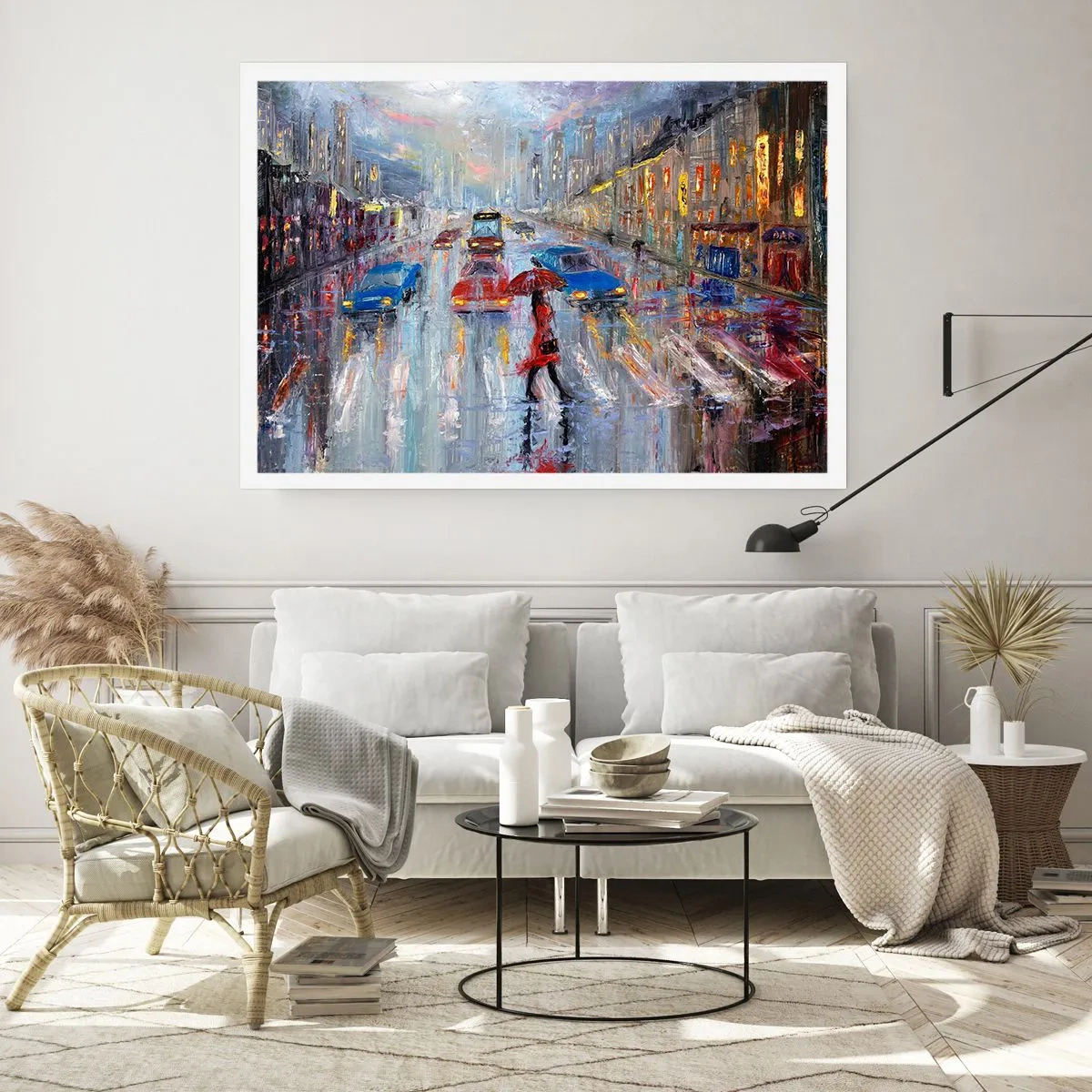 Poster - Una donna con un ombrello in una strada piovosa, illuminata dalle luci al neon. - 100x70cm - Pomeriggio di pioggia in città - Decorazione murale moderna per soggiorno e camera da letto ARTTOR