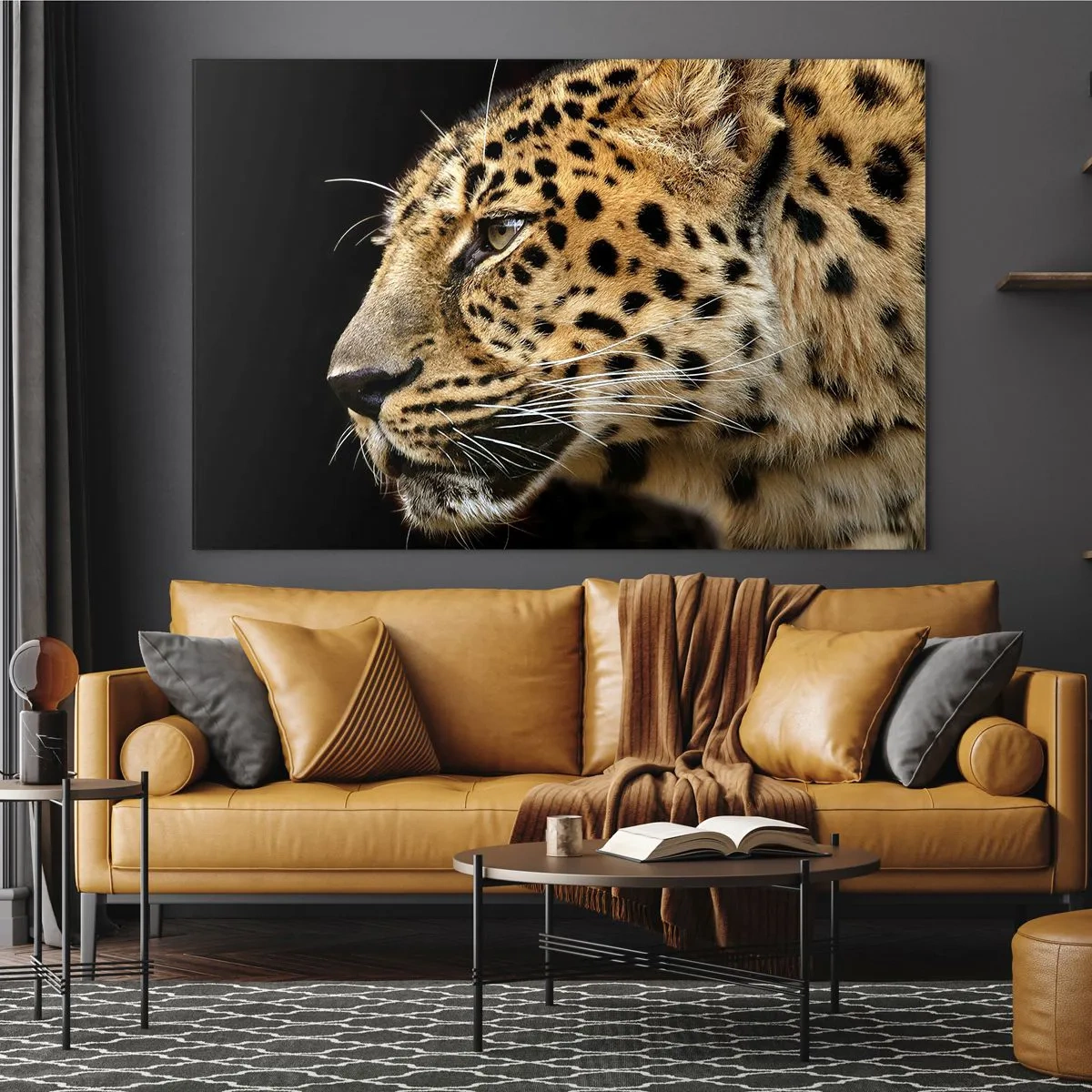Quadro su vetro - Profilo di un leopardo su sfondo nero - 100x70cm - Calmo, concentrato, pronto - Decorazione murale moderna per soggiorno e camera da letto ARTTOR
