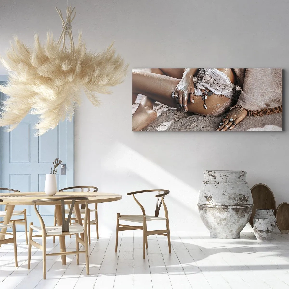 Quadro su tela - Stampe su Tela - Donna boho sulla spiaggia con gioielli - 120x50cm - Gettata dalle onde? - Decorazione murale moderna per soggiorno e camera da letto ARTTOR