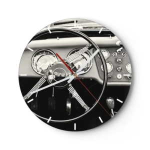 Orologio da parete - Orologio in Vetro - Abitacolo di un'auto d'epoca in una tonalità seppia retrò - 30x30cm - Il sogno del collezionista - Decorazione murale moderna per soggiorno, cucina e camera da letto ARTTOR