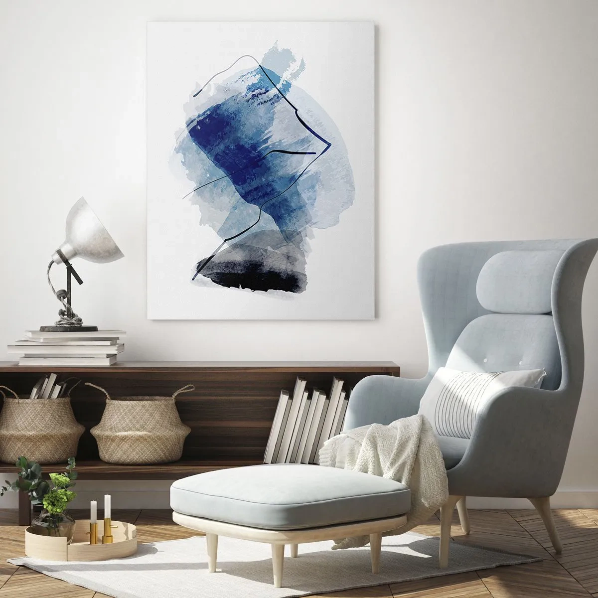 Quadro su vetro - Forme astratte nei toni del blu con linee delicate - 70x100cm - Monte di ghiaccio - Decorazione murale moderna per soggiorno e camera da letto ARTTOR