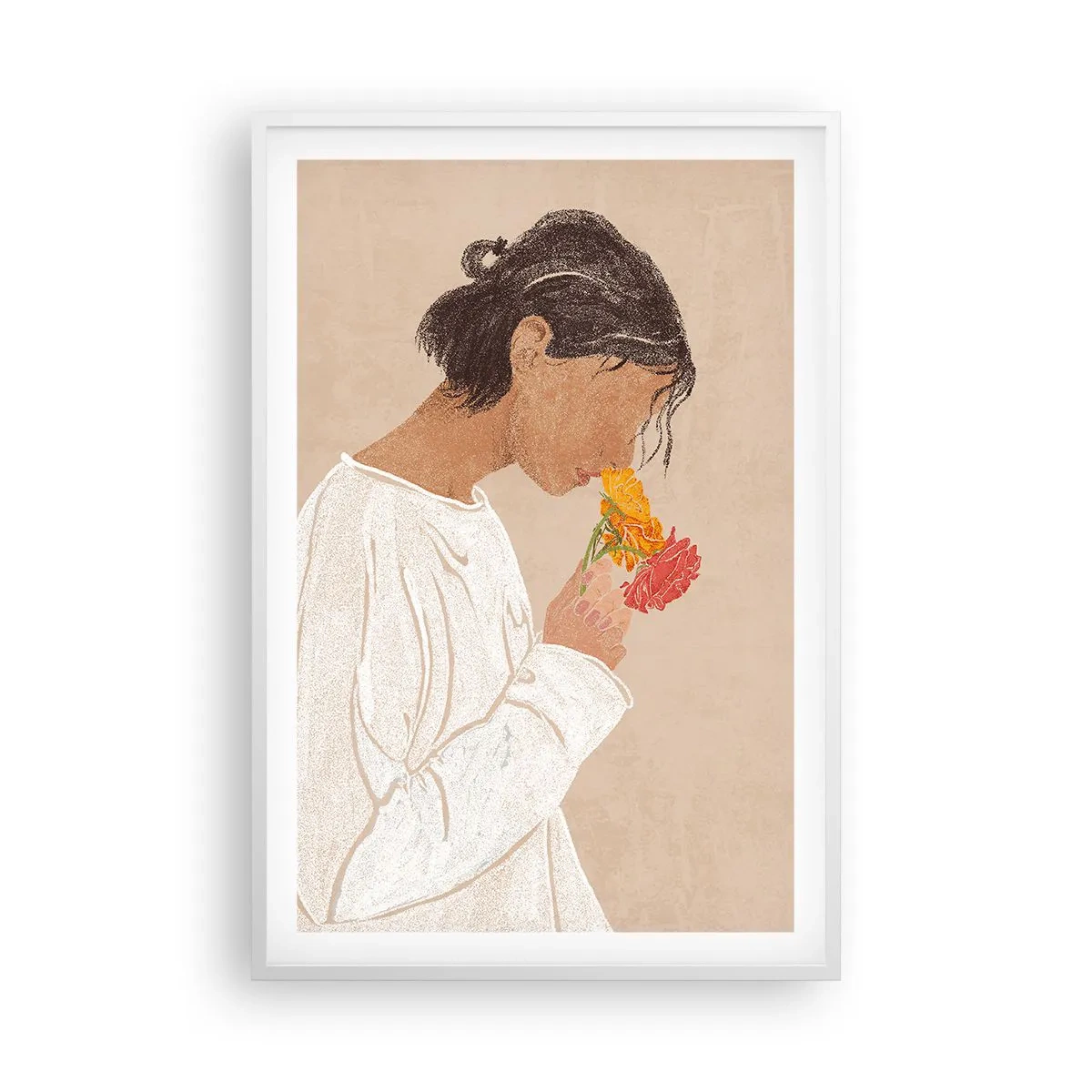Poster in cornice bianca - Ragazza con i fiori - 61x91 cm