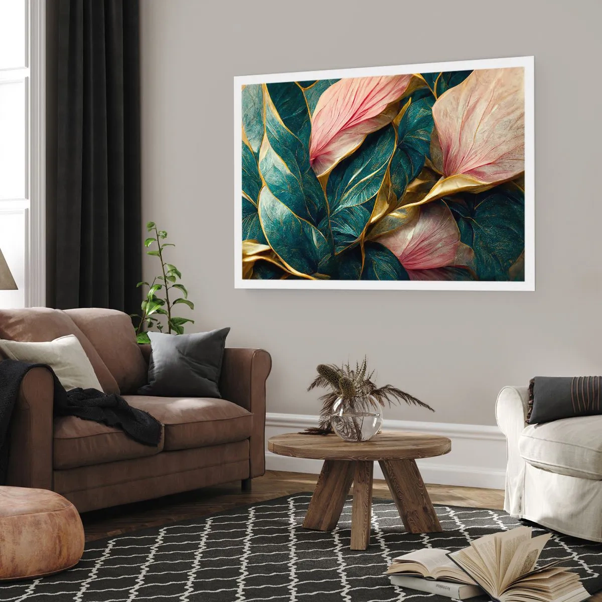 Poster - Eleganti foglie in verde, oro e rosa - 100x70cm - Stile ed eleganza naturali - Decorazione murale moderna per soggiorno e camera da letto ARTTOR