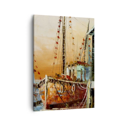 Quadro su tela - Stampe su Tela - Barche sulla riva nella calda luce del tramonto - 50x70cm - Ritorno tranquillo - Decorazione murale moderna per soggiorno e camera da letto ARTTOR