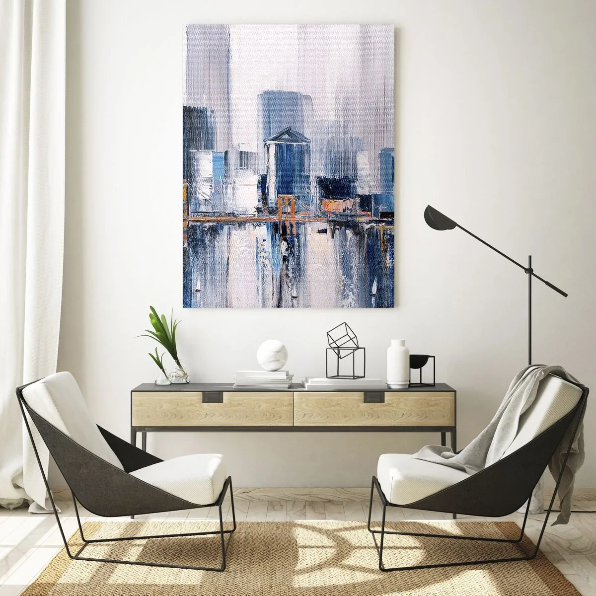 Quadro su vetro - Panorama urbano astratto con sfumature di blu e giallo - 70x100cm - Impressione di New York - Decorazione murale moderna per soggiorno e camera da letto ARTTOR