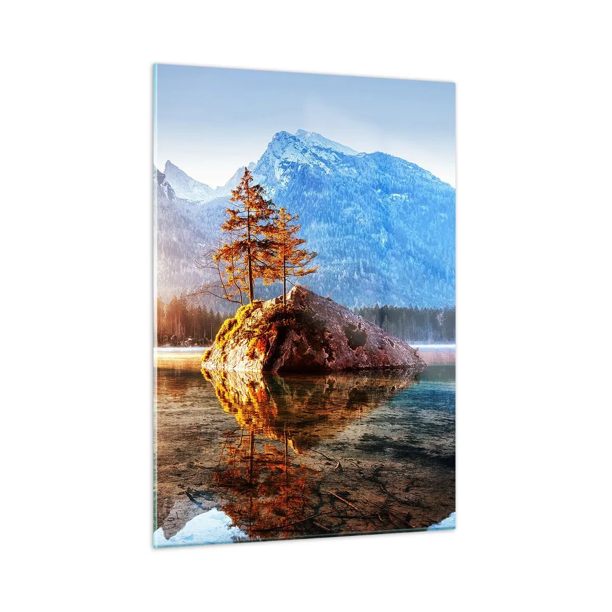 Quadro su vetro - Paesaggio montano al mattino con alberi e riflesso nel lago - 50x70cm - La natura in una nuova luce - Decorazione murale moderna per soggiorno e camera da letto ARTTOR