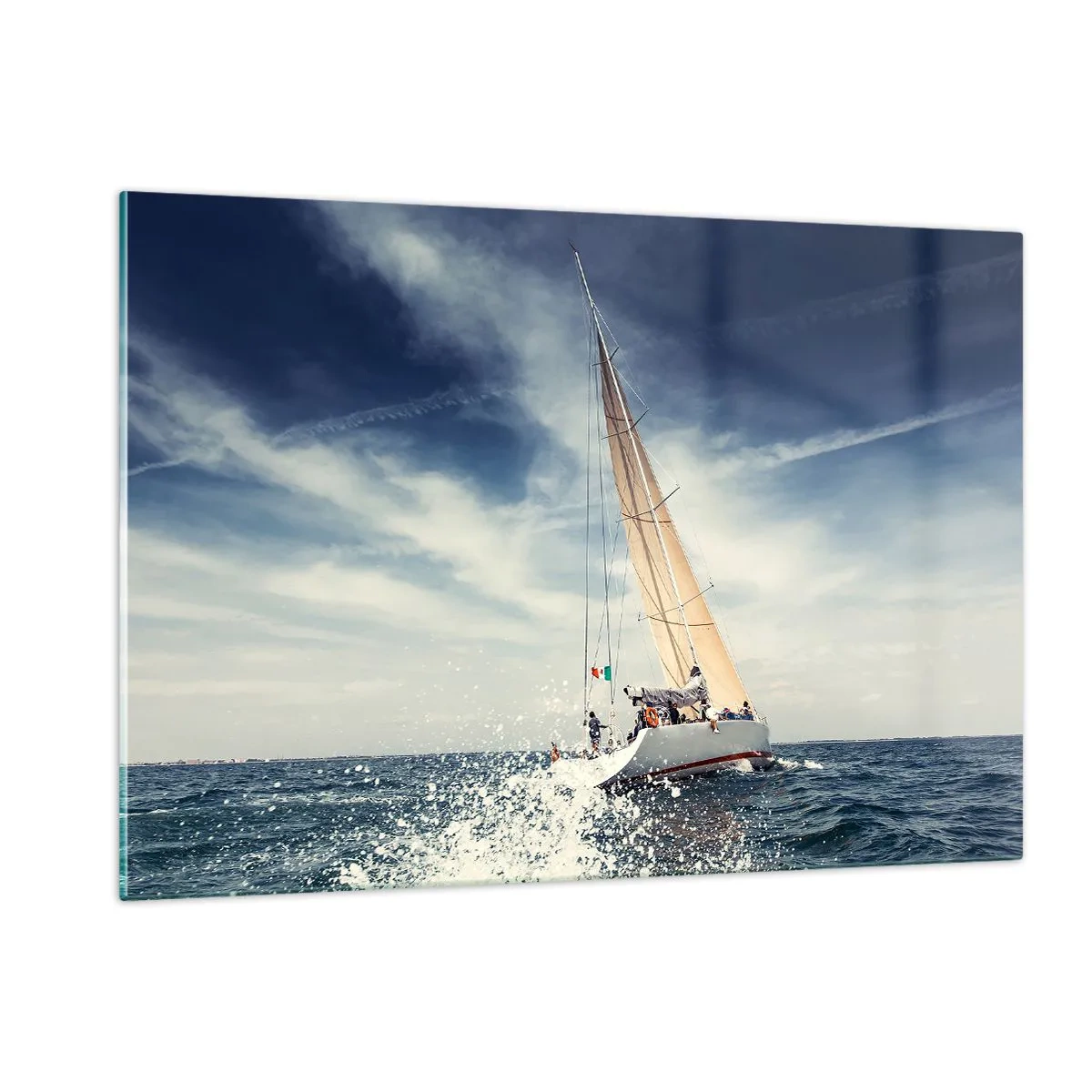 Quadro su vetro - Uno yacht che naviga su un mare in tempesta sotto un cielo azzurro - 120x80cm - Non ci raggiungeranno! - Decorazione murale moderna per soggiorno e camera da letto ARTTOR