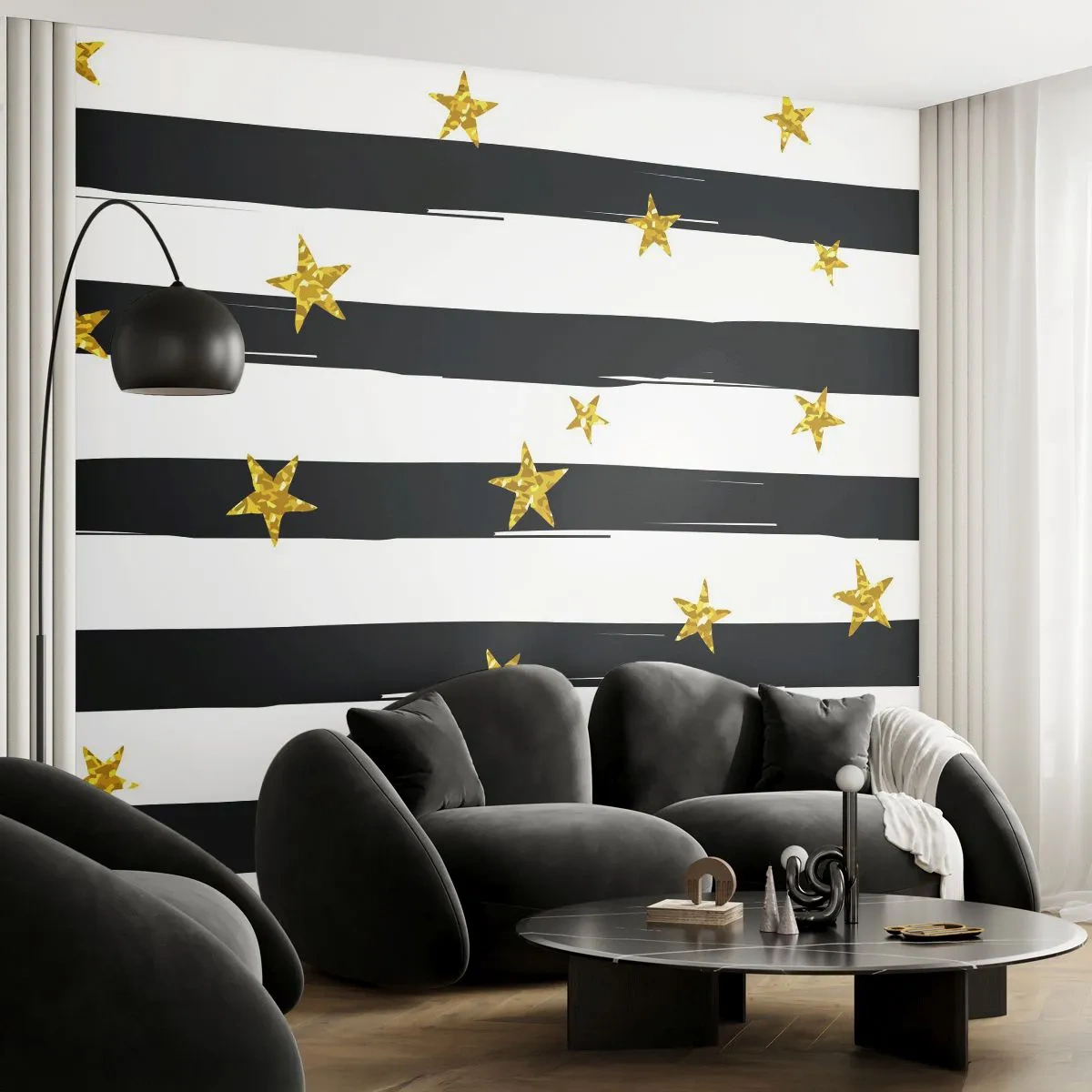 Fotomurali Standard Eco - Siamo tutti nati sotto una buona stella - Grafica, Stella d'Oro, Strisce bianche e nere - 200x140 cm
