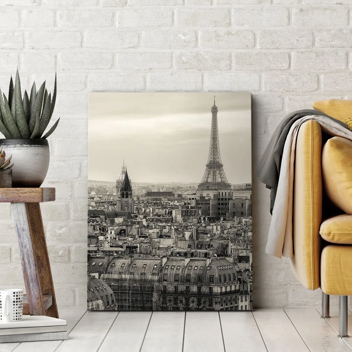 Quadro su tela - Stampe su Tela - Panorama di Parigi con la Torre Eiffel in tonalità seppia - 50x70cm - Sui tetti di Parigi - Decorazione murale moderna per soggiorno e camera da letto ARTTOR