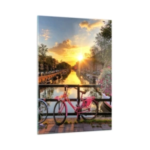 Quadro su vetro - Tramonto sul canale con biciclette sullo sfondo - 50x70cm - Mattino di primavera ad Amsterdam - Decorazione murale moderna per soggiorno e camera da letto ARTTOR