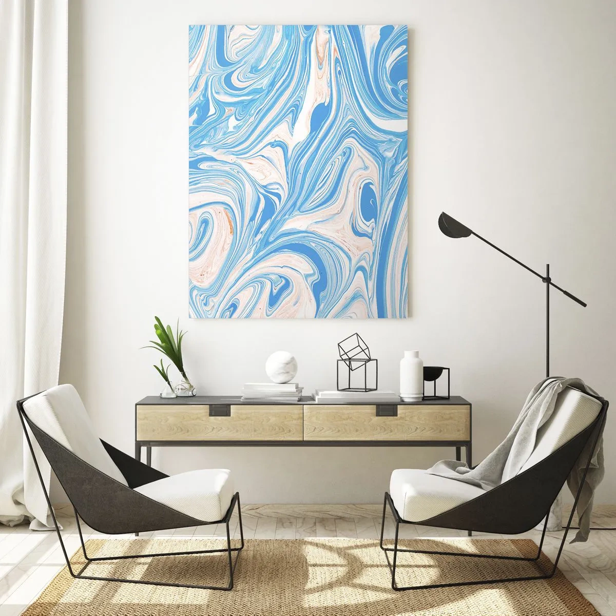 Quadro su vetro - Vortici astratti in stile marmo blu e bianco - 80x120cm - Acquitrino in turchese - Decorazione murale moderna per soggiorno e camera da letto ARTTOR