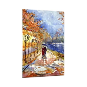 Quadro su vetro - Una passeggiata autunnale nel parco sulla riva del fiume sotto l'ombrellone - 80x120cm - Insieme fino ai confini del tempo - Decorazione murale moderna per soggiorno e camera da letto ARTTOR