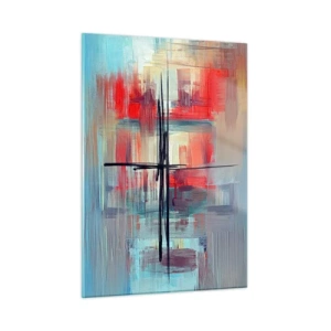 Quadro su vetro - Un'astrazione colorata nei toni del rosso e del blu, ispirata a un paesaggio. - 50x70cm - Paesaggio in una dimensione sconosciuta - Decorazione murale moderna per soggiorno e camera da letto ARTTOR