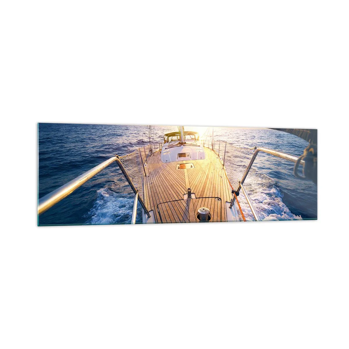 Quadro su vetro - Yacht in mare durante il tramonto - 160x50cm - Correndo sulle onde - Decorazione murale moderna per soggiorno e camera da letto ARTTOR