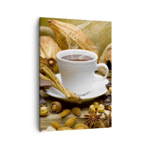 Quadro su tela - Stampe su Tela - Una tazza di cioccolata calda circondata da cacao e cannella - 50x70cm - Per i cercatori di emozioni - Decorazione murale moderna per soggiorno e camera da letto ARTTOR