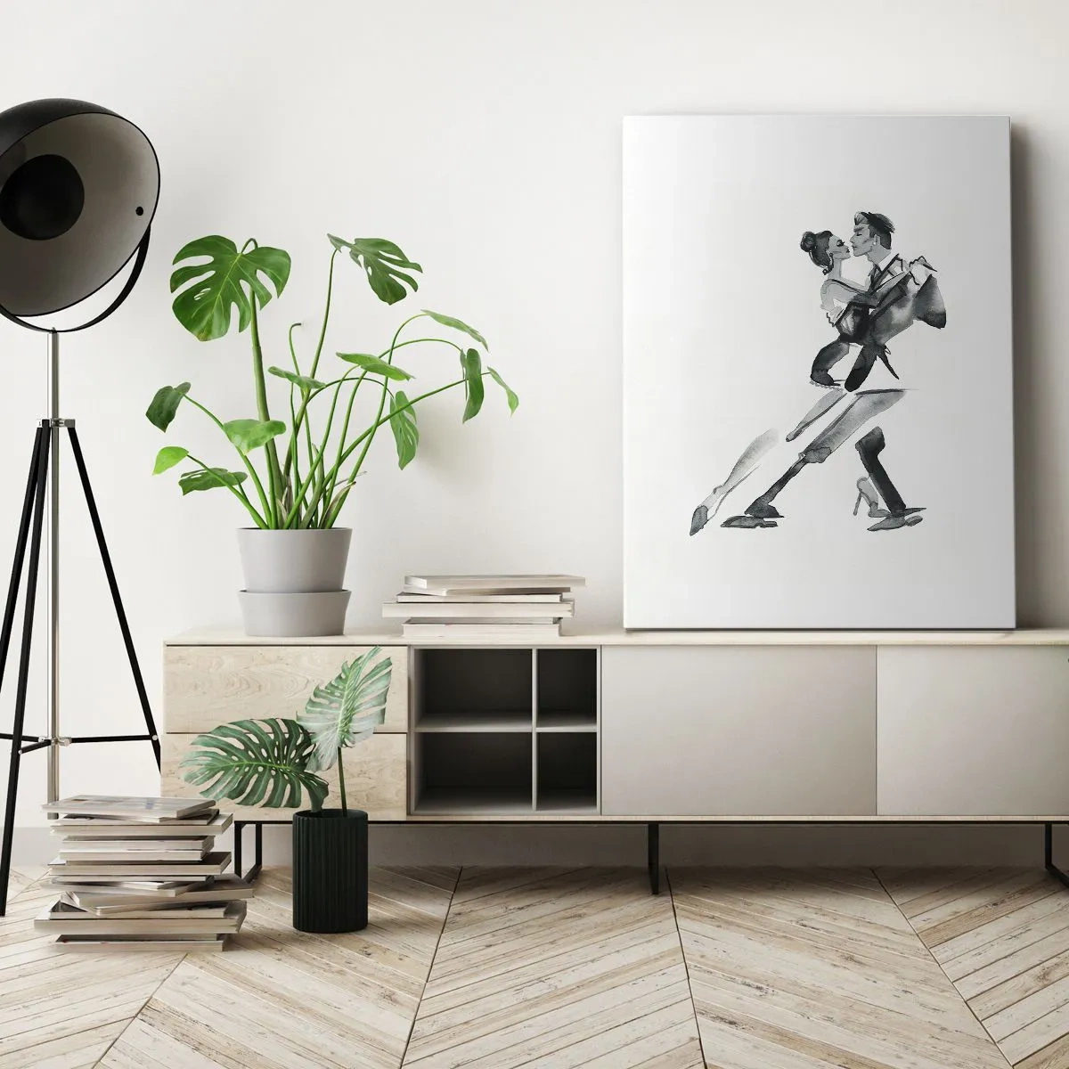 Quadro su tela - Stampe su Tela - Una delicata illustrazione di una coppia che balla in stile monocromatico. - 50x70cm - In un unico ritmo - Decorazione murale moderna per soggiorno e camera da letto ARTTOR