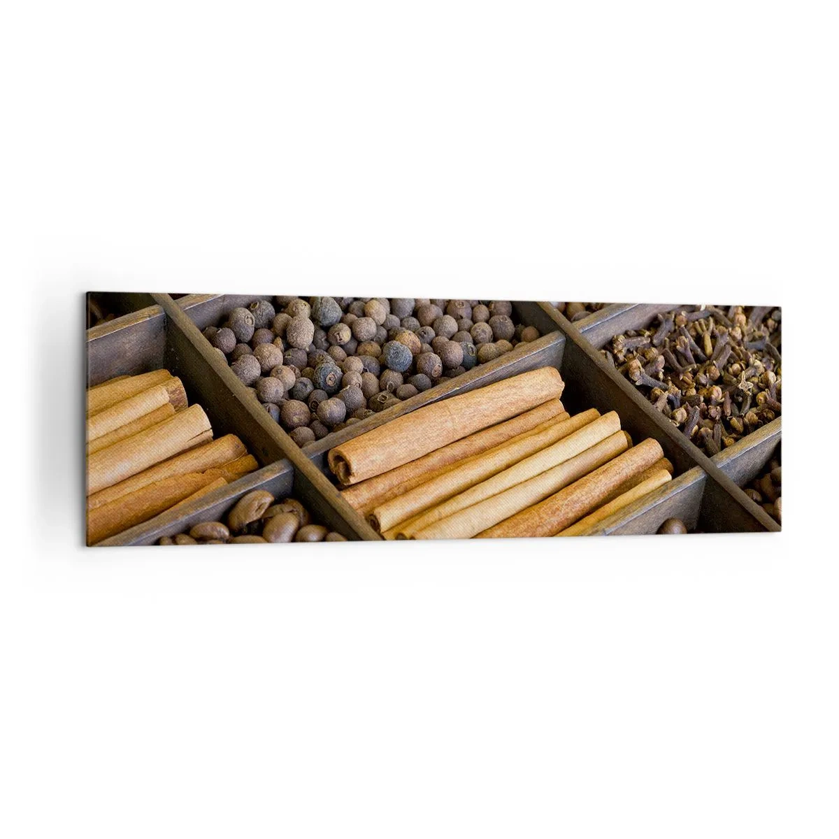 Quadro su tela - Stampe su Tela - Spezie e caffè in scomparti di legno - 160x50cm - Il tesoro degli aromi - Decorazione murale moderna per soggiorno e camera da letto ARTTOR