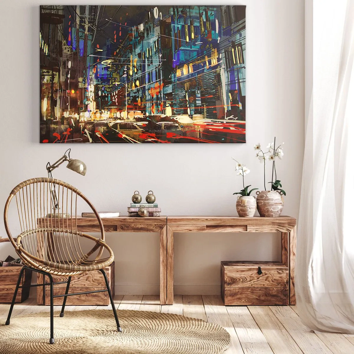 Quadro su tela - Stampe su Tela - Scena notturna della città con luci al neon - 70x50cm - Frastuono serale della strada - Decorazione murale moderna per soggiorno e camera da letto ARTTOR